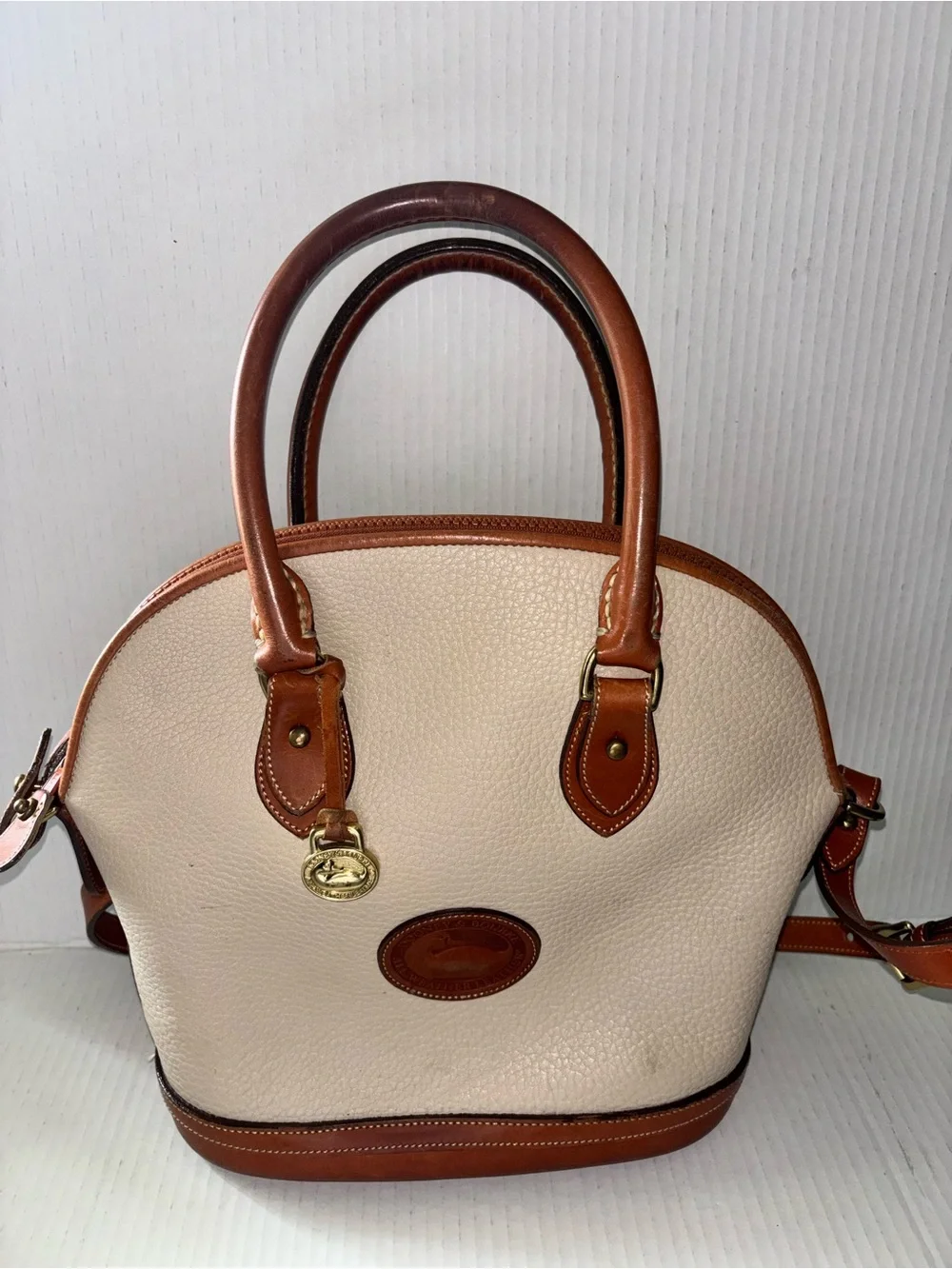 Dooney & Bourke Cream and Brown Leather Dome Satchel Handbag